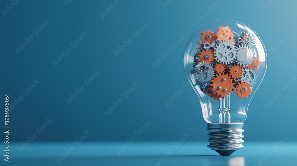 Poster a light bulb filled with gears, cogs, and intricate mechanisms, representing the complex inner worki