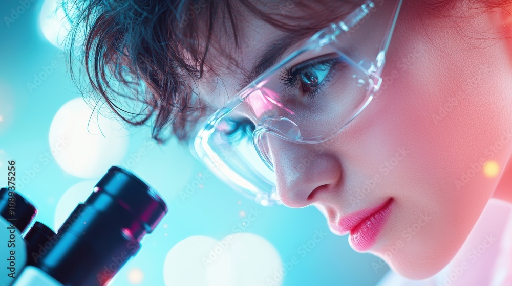 Poster a scientist wearing a lab coat peering through a microscope, their face illuminated by the soft glow