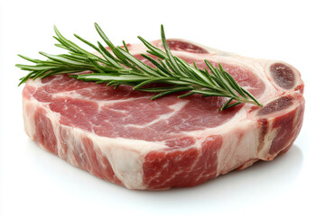 Fototapeta premium Fresh pork chop garnished with sprig of rosemary on a white background