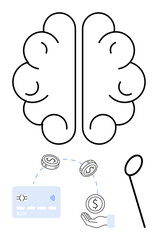 Brain symbolizing thinking, credit card, and magnifying glass illustrate financial decision-making and analysis. Ideal for finance, business strategies, personal finance, banking, investments