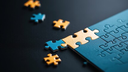 Fototapeta premium A puzzle with pieces coming together, symbolizing the importance of collaboration, different perspectives, and individual contributions to solving complex problems.
