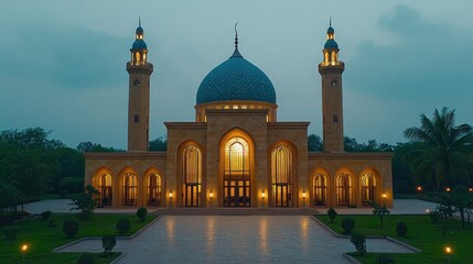 Fototapeta premium Illuminated mosque at dusk, architectural detail.