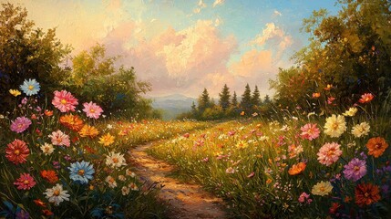 A peaceful meadow filled with wildflowers in vibrant colors under a soft pastel sky. A narrow dirt path winds through the flowers, leading toward a distant grove of trees. The harmonious blend 