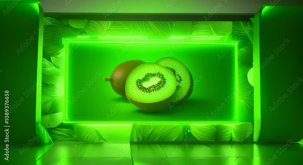 Poster green frame with a neon beam on a background with kiwi background with fruits 4k