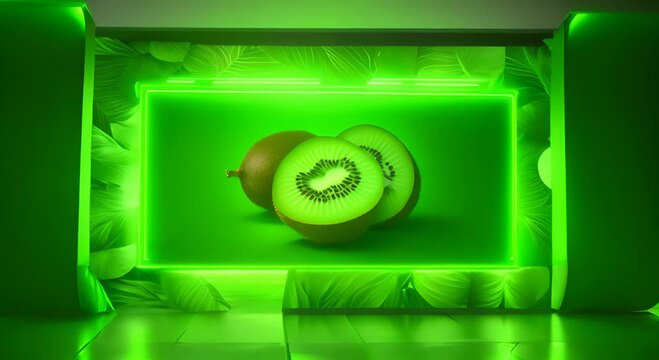 Green frame with a neon beam on a background with kiwi Background with fruits 4K