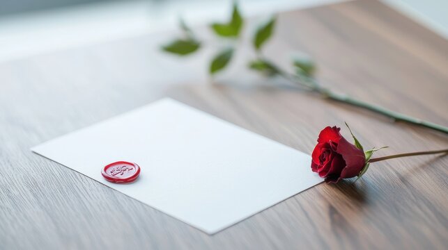 A handwritten love letter penned in elegant cursive on delicate stationery, sealed with a red wax seal and adorned with a single dried rose.