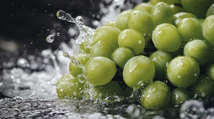 A bunch of fresh green grapes splashing into water, bubbles and droplets capturing their vibrancy on black.