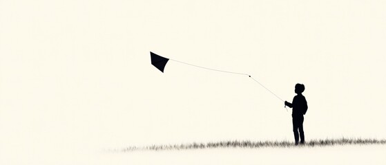a child flying a kite in a serene landscape