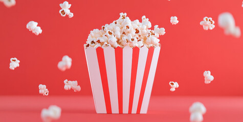 Popcorn in a striped container with a vibrant red background at a movie night