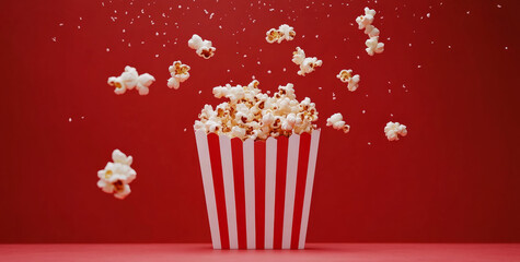 Popcorn flying from a striped bucket against a vibrant red background