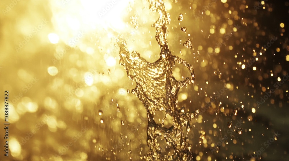Poster captivating close-up of water splashes in golden sunshine with ethereal bokeh effect creating a magi