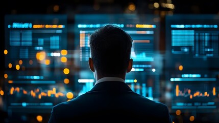 A businessman standing in front of a glowing hologram chart overlaying a city skyline