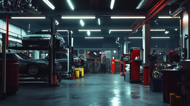 Modern Automotive Repair Workshop with Vehicles on Lifts