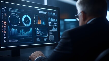 A professional analyzing complex data with futuristic hologram elements in a modern office