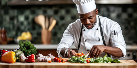 Young African American man in chef uniform, passionately chopping ingredients on wooden counter