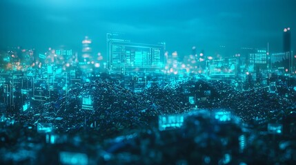 Glowing Futuristic Landfill with Holographic Data Showcasing the Circular Economy Concept of Continuous Waste Sorting and Reprocessing