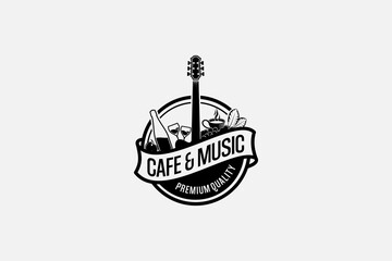 Obraz premium Vintage music bar cafe logo template, coffee and wine guitar logo vector silhouette