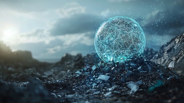 Futuristic Landfill with Holographic Data Visualizing Circular Economy Concept