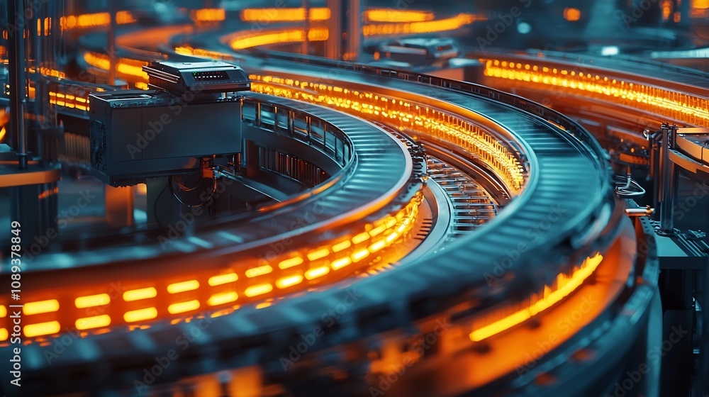 Poster futuristic circular factory floor with glowing conveyor belts transporting electronics for disassemb