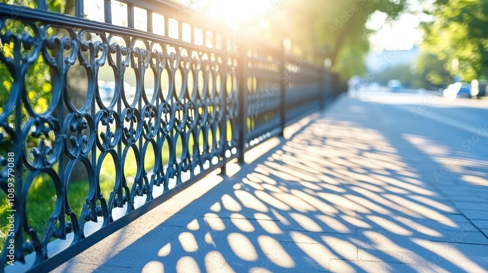 Poster a wrought iron fence with a decorative grid pattern, casting intricate shadows on the sidewalk below