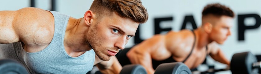 Obraz premium Focused group of athletes performing pushups with dumbbells in a gym dynamic strength training session highlighting teamwork and fitness