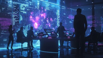 Futuristic Office with Glowing Holographic Reports Collaborative High Tech Business Setting