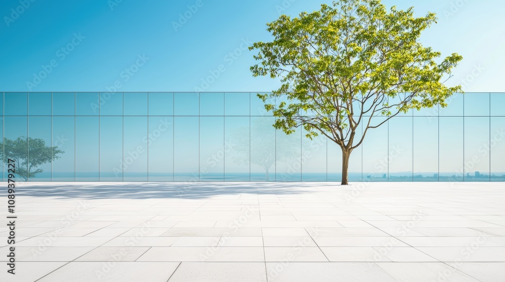 Poster a modern art museum with a facade made entirely of glass panels arranged in a grid pattern, reflecti