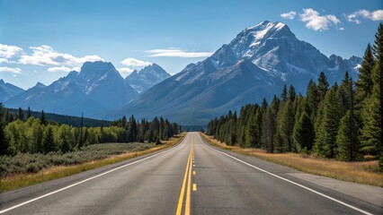 Fototapeta premium Empty stretch of asphalt road running parallel to a mountain range with a clear blue sky above and pine trees in the foreground, empty highway, calmness, natural landscape