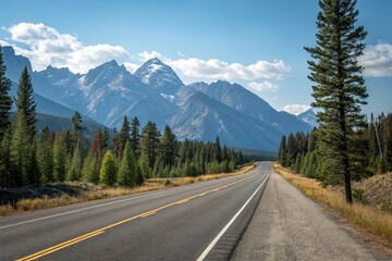 Naklejka premium Empty stretch of asphalt road running parallel to a mountain range with a clear blue sky above and pine trees in the foreground, mountain view, scenic beauty