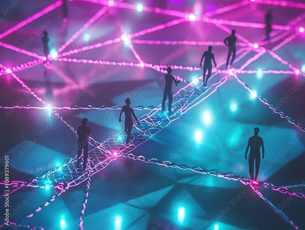 Poster futuristic team building concept with glowing digital ropes symbolizing and teamwork