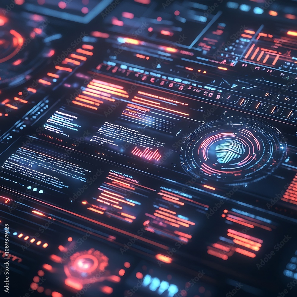 Poster glowing futuristic dashboard tracking subordinates real time productivity and contributions in a mod