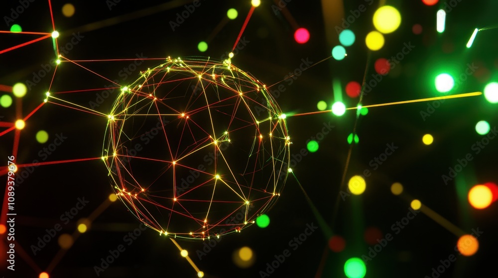 Poster abstract visualization of a digital globe connected by colorful nodes and lines representing global 