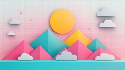 A colorful pixel art landscape with blocky mountains, a pixelated sun, and clouds floating across a vibrant sky, evoking the nostalgia of early video games.