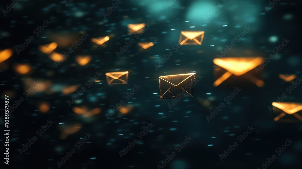 Poster digital email icons floating in dark space, representing communication, technology, and modern messa