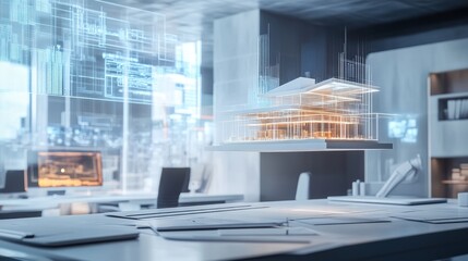 A modern workspace with a floating architectural model above holographic blueprints, ultra-clean and high-tech 