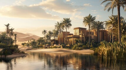 Fototapeta premium A serene desert oasis surrounded by towering date palms and calm, reflective water. The golden sand dunes in the background contrast beautifully with the lush greenery. The scene feels like 