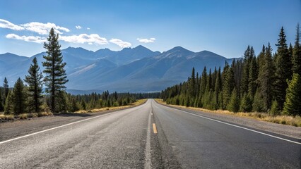 Fototapeta premium Empty stretch of asphalt road running parallel to a mountain range with a clear blue sky above and pine trees in the foreground, road to nowhere, vast open space