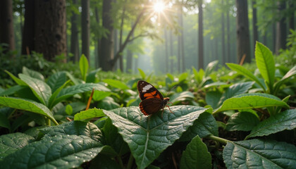 Butterfly resting on green leaf in sunlit forest