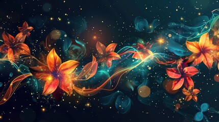 Glowing orange flowers and teal smoke swirl.