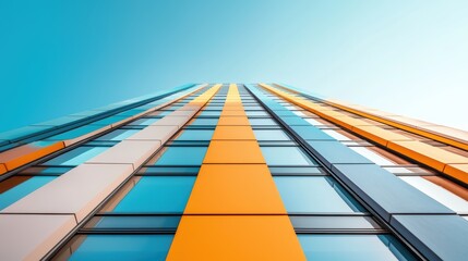 Obraz premium A close up shot of a modern skyscraper facade, showcasing the intricate geometric patterns formed by glass windows and steel beams against a clear blue sky.