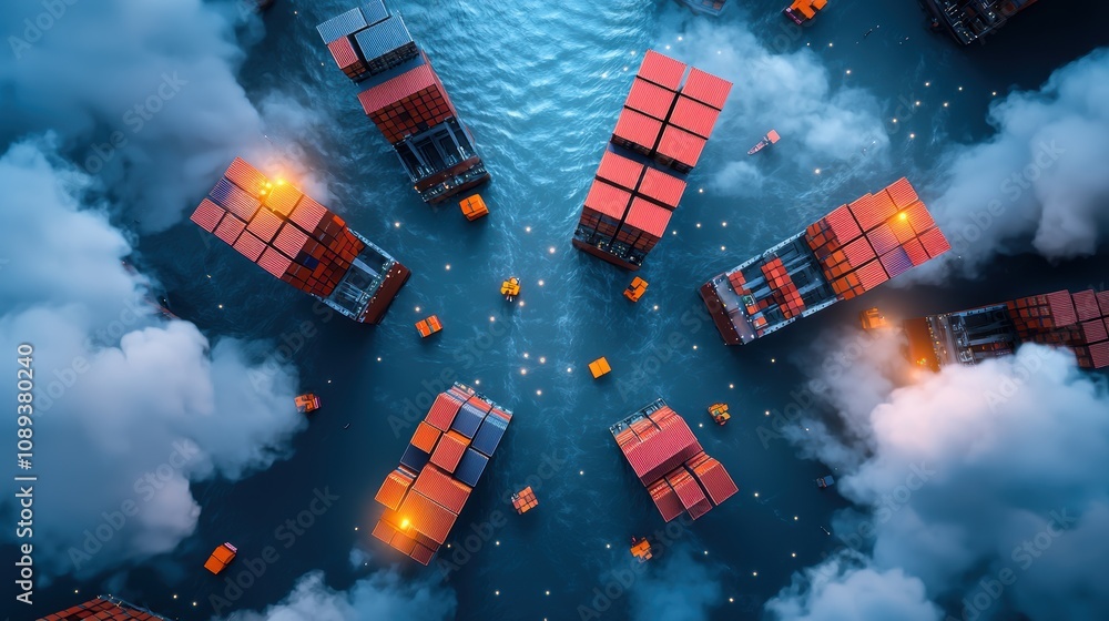 Poster a busy harbor with container ships being loaded and unloaded by towering cranes, showcasing the scal