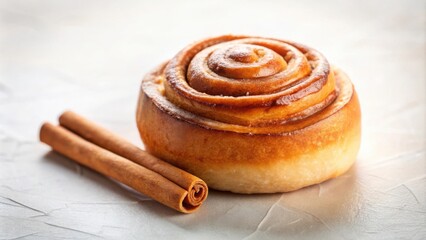 Fototapeta premium A golden brown cinnamon roll with a sprinkle of powdered sugar and a cinnamon stick nearby.