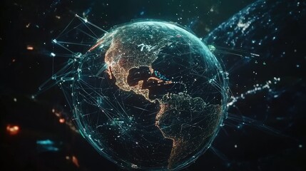 Obraz premium A futuristic earth with interconnected network lines, symbolizing global communication, data exchange, and innovation.