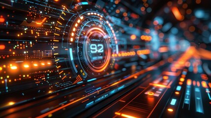 Fototapeta premium Futuristic digital speedometer interface with glowing orange and blue elements displaying 92.