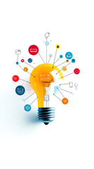 A vibrant light bulb surrounded by colorful icons representing ideas, innovation, and creativity.