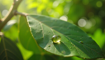 Water droplet resting on green leaf in natural sunlight