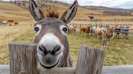 Obraz premium Donkey Peeking Over Fence, Close Up, Portrait, Rural ,animals