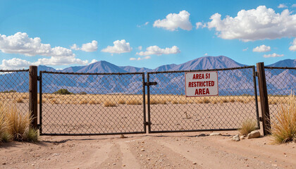 Fototapeta premium Area 51 gate with warning sign and mountains under clear skies