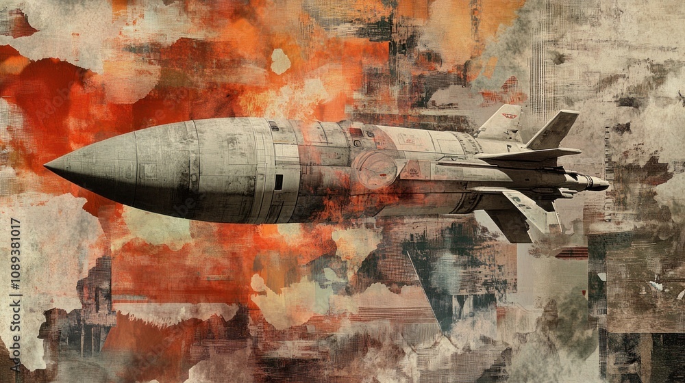 Poster abstract representation of a missile against an artistic background featuring textures, colors, and 