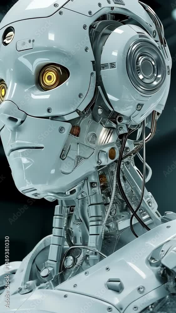 Poster the image features a close-up view of a robot's head and upper torso